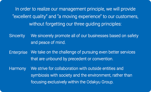 In order to realize our management principle, we will provide “excellent quality” and “a moving experience” to our customers, without forgetting our three guiding principles: [Sincerity]We sincerely promote all of our businesses based on safety and peace of mind.[Enterprise]We take on the challenge of pursuing even better services that are unbound by precedent or convention.[Harmony]We strive for collaboration with outside entities and symbiosis with society and the environment, rather than focusing exclusively within the Odakyu Group.