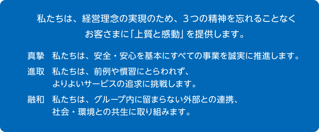 私たちは、経営理念の実現のため、3つの精神を忘れることなくお客さまに「上質と感動」を提供します。真摯 私たちは、安全・安心を基本にすべての事業を誠実に推進します。進取 私たちは、前例や慣習にとらわれず、よりよいサービスの追求に挑戦します。融和 私たちは、グループ内に留まらない外部との連携、社会・環境との共生に取り組みます。