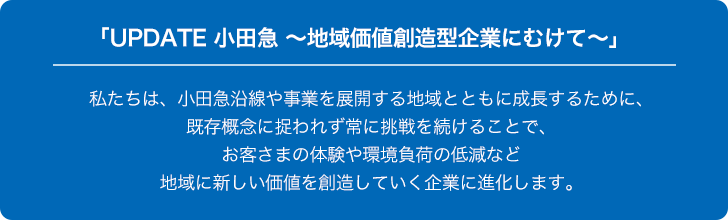 新しい経営ビジョン「UPDATE 小田急 ～地域価値創造型企業にむけて～」で、開業から100周年を迎える2027年までに、次の100年を歩むための事業モデルの変革を図ります。当社グループは、小田急沿線や事業を展開する地域とともに成長するために、既存概念に捉われず常に挑戦を続けることで、お客さまの体験や環境負荷の低減など地域に新しい価値を創造していく企業に進化します。