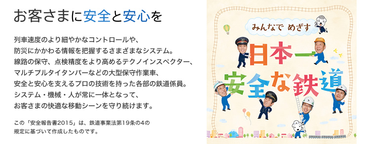 みんなでめざす日本一安全な鉄道 - お客さまに安全と安心を - 列車速度のより細やかなコントロールや、防災にかかわる情報を把握するさまざまなシステム。線路の保守、点検精度をより高めるテクノインスペクター、マルチプルタイタンバーなどの大型保守作業車、安全と安心を支えるプロの技術を持った各部の鉄道係員。システム・機械・人が常に一体となって、お客さまの快適な移動シーンを守り続けます。（この「安全報告書2014」は、鉄道事業法第19条の4の規定に基づいて作成したものです。）