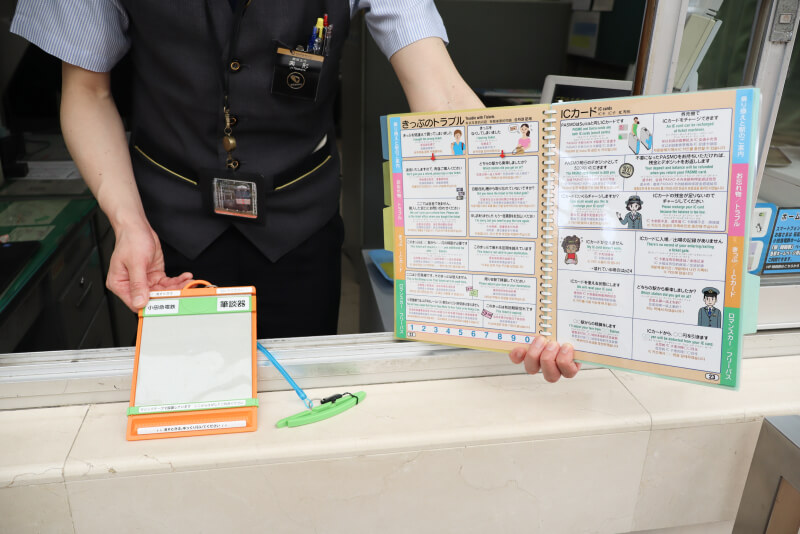 駅の窓口業務で使われている筆談器と指さし会話帳のイメージ