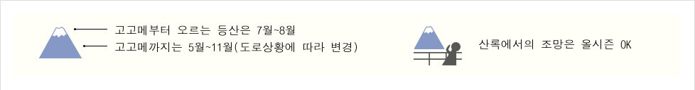 고고메부터 오르는 등산은 7월~8월
고고메까지는 5월~11월(도로상황에 따라 변경)
산록에서의 조망은 올시즌 OK