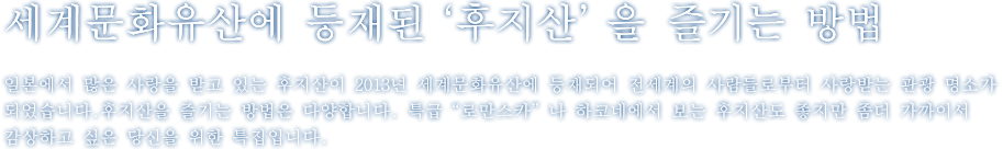 세계문화유산에 등재된‘후지산’을 즐기는 방법
일본에서 많은 사랑을 받고 있는 후지산이 2013년 세계문화유산에 등재되어 전세계의 사람들로부터 사랑받는 관광 명소가 되었습니다.후지산을 즐기는 방법은 다양합니다. 특급“로만스카”나 하코네에서 보는 후지산도 좋지만 좀더 가까이서 감상하고 싶은 당신을 위한 특집입니다.