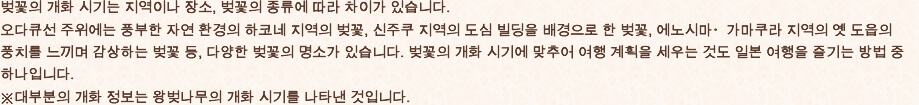 벚꽃의 개화 시기는 지역이나 장소, 벚꽃의 종류에 따라 차이가 있습니다.　오다큐선 주위에는 풍부한 자연 환경의 하코네 지역의 벚꽃, 신주쿠 지역의 도심 빌딩을 배경으로 한 벚꽃, 에노시마・가마쿠라 지역의 옛 도읍의 풍치를 느끼며 감상하는 벚꽃 등, 다양한 벚꽃의 명소가 있습니다. 벚꽃의 개화 시기에 맞추어 여행 계획을 세우는 것도 일본 여행을 즐기는 방법 중 하나입니다.　※대부분의 개화 정보는 왕벚나무의 개화 시기를 나타낸 것입니다.