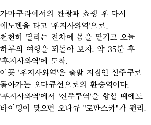 가마쿠라에서의 관광과 쇼핑 후 다시 에노덴을 타고 '후지사와역'으로.
천천히 달리는 전차에 몸을 맡기고 오늘 하루의 여행을 되돌아 보자. 약 35분 후 '후지사와역'에 도착.
이곳 '후지사와역'은 출발 지점인 신주쿠로 돌아가는 오다큐선으로의 환승역이다.
'후지사와역'에서 '신주쿠역'을 향할 때에도 타이밍이 맞으면 오다큐"로만스카"가 편리.