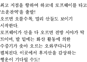 최고 지점을 향하여 하코네 로프웨이를 타고 '소운잔역'을 출발! 오르면 오를수록, 멀리 산들도 보이기 시작한다. 로프웨이가 산을 다 오르면 전방 시야가 탁 트이며, 발 밑에는 화산 활동에 의한 수증기가 솟아 오르는 오와쿠다니가 펼쳐진다. 이곳에서 후지산을 감상하는 행운이 기다릴 수도!