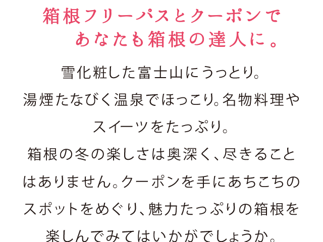 箱根フリーパスとクーポンであなたも箱根の達人に。雪化粧した富士山にうっとり。湯煙たなびく温泉でほっこり。名物料理やスイーツをたっぷり。箱根の冬の楽しさは奥深く、尽きることはありません。クーポンを手にあちこちのスポットをめぐり、魅力たっぷりの箱根を楽しんでみてはいかがでしょうか。