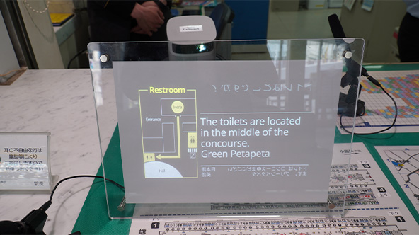 小スペースにも設置可能な小型のスクリーンに字幕表示
